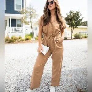 Women's Frank and Oak The Kapok Jumpsuit Cotton Blend Short Sleeve V-Neck Size M